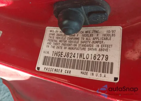 1998 Honda Civic Ex from USA, damaged, VIN 1HGEJ8241WL016279